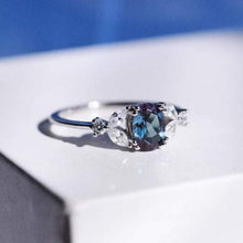 Load image into Gallery viewer, 14K Solid White Gold Dainty Alexandrite Ring, Oval Cut Alexandrite Ring Set, White Gold Ring Unique Vintage Ring
