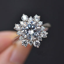 Load image into Gallery viewer, Snowflake Moissanite Ring/2.0ct Round Cut Moissanite Halo Ring/Solid 14K White Gold Ring/Art Deco Engagement Ring / Wedding Ring
