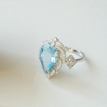 Load image into Gallery viewer, 5Ct Pear cut Halo Aquamarine ring, Aquamarine solitaire ring, natural aquamarine ring, genuine aquamarine teardrop cut vintage ring
