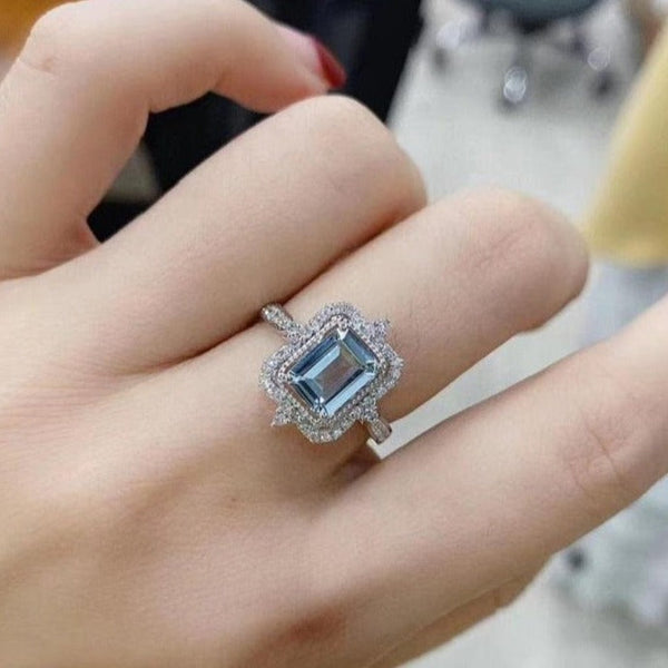 3Ct Emerald cut Halo Aquamarine ring, Aquamarine solitaire ring, natural aquamarine ring, genuine aquamarine emerald cut vintage ring