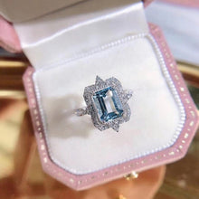 Load image into Gallery viewer, 3Ct Emerald cut Halo Aquamarine ring, Aquamarine solitaire ring, natural aquamarine ring, genuine aquamarine emerald cut vintage ring
