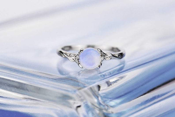 Silver Dainty Natural Moonstone Ring.  Round Moonstone Floral Ring
