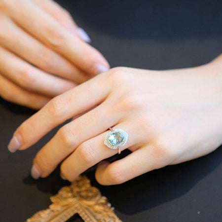 3Ct Oval cut Aquamarine ring, Aquamarine solitaire ring, natural aquamarine ring, genuine aquamarine Oval Shape vintage halo ring