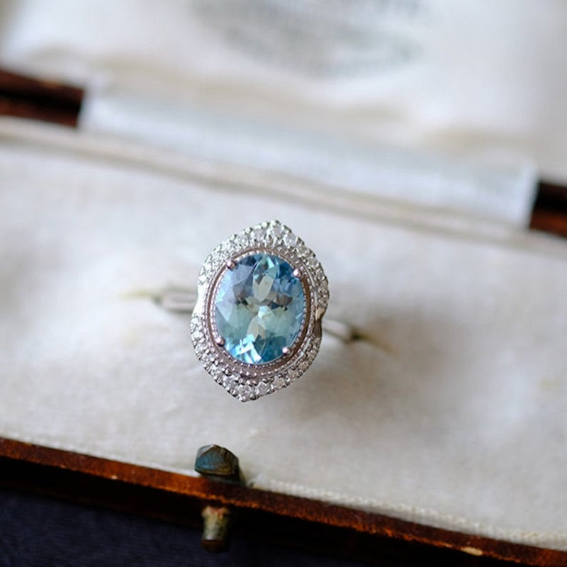 3Ct Oval cut Aquamarine ring, Aquamarine solitaire ring, natural aquamarine ring, genuine aquamarine Oval Shape vintage halo ring