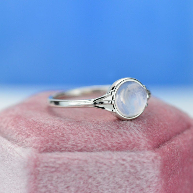 Rose Gold Plated Silver Dainty Natural Moonstone Ring , Round  Moonstone Vintage Ring,