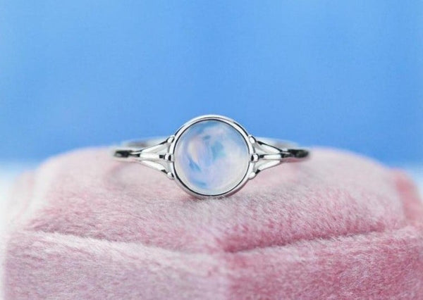 Rose Gold Plated Silver Dainty Natural Moonstone Ring , Round  Moonstone Vintage Ring,