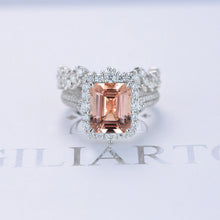 Load image into Gallery viewer, 3Ct Natural Morganite Engagement Ring. Halo Emerald Cut Genuine Morganite Engagement Ring, 9x7mm Step Cut Morganite Engagement Ring with Eternity Band
