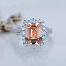 Load image into Gallery viewer, 3Ct Natural Morganite Engagement Ring. Halo Emerald Cut Genuine Morganite Engagement Ring, 9x7mm Step Cut Morganite Engagement Ring with Eternity Band
