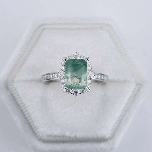 3 Carat Natural Moss Agate  Emerald Step Cut  Halo Engagement Ring