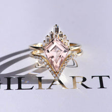 Load image into Gallery viewer, 14K Gold 4 Carat Kite Morganite Halo Engagement Ring, Eternity Ring Set
