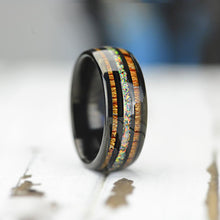 Load image into Gallery viewer, Fire Opal Tungsten Carbide Wedding Ring with Hawaii Koa Wood Inlay
