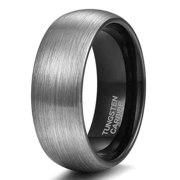 Pure Black Tungsten Ring Brushed Silver Finish Wedding Band