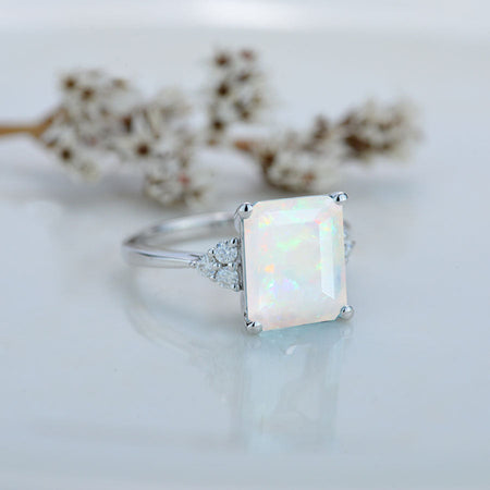 3Ct Emerald Shape Step Cut White Opal ring, Opal solitaire ring, 3 Carat White Opal  Ring, Genuine Opal Vintage Ring